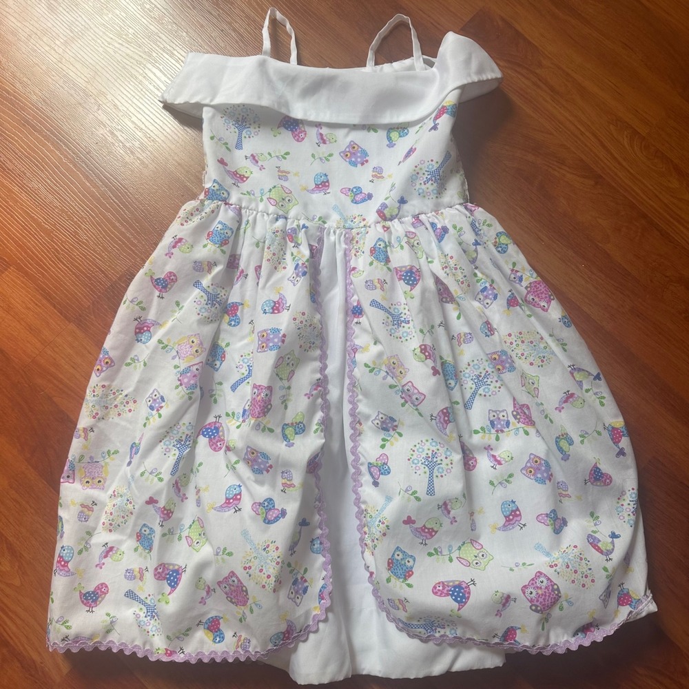 Handmade Girls Owl Bird Print Dress Cottagecore Whimsical Pastel Sundress